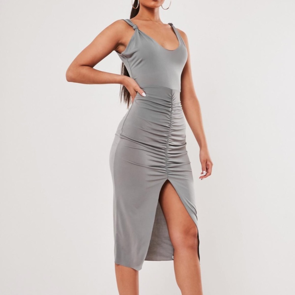 sexy grey knot front ruched midi dress